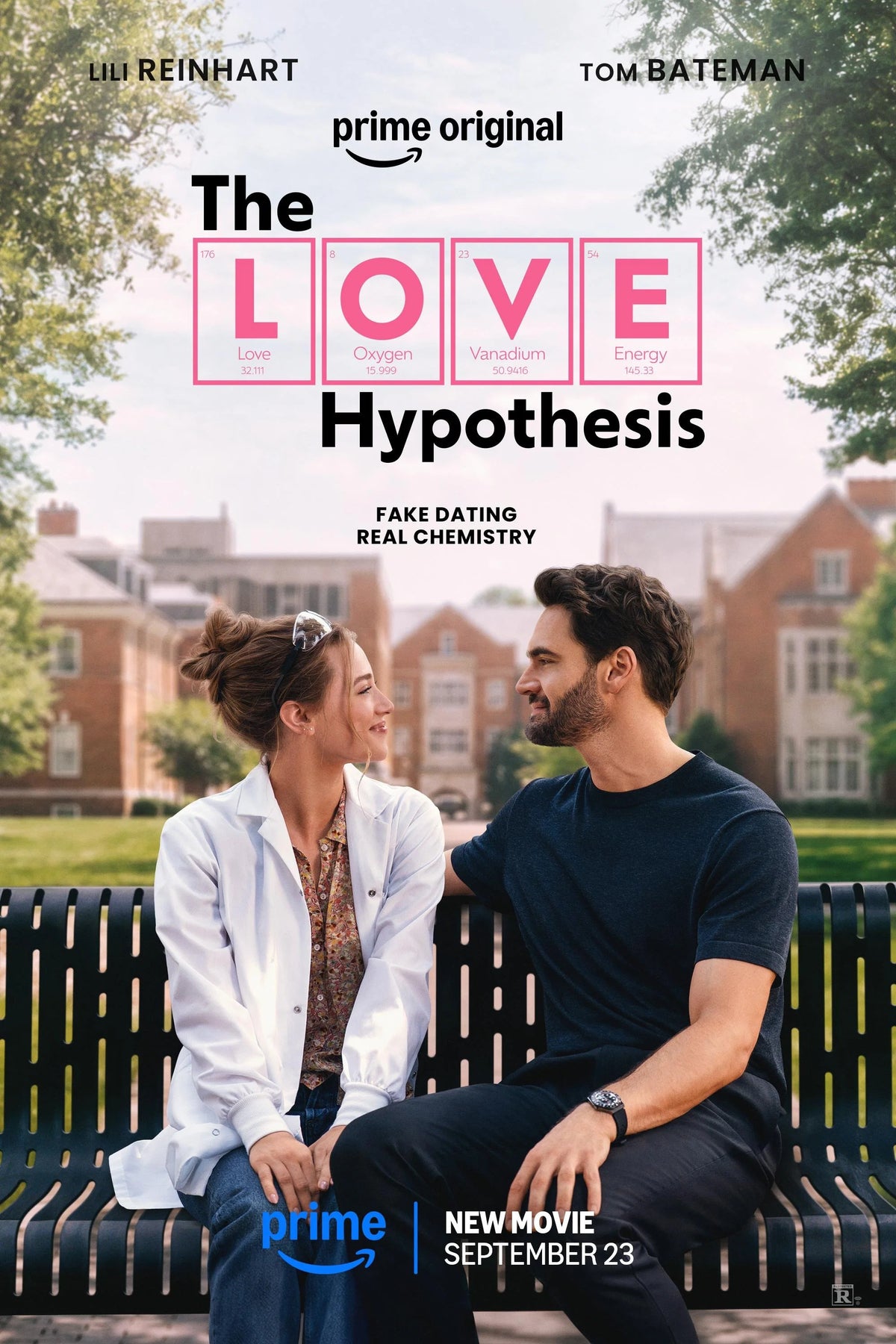 The Love Hypothesis poster with Olive and Adam seated together beneath Prime Original branding