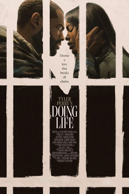 Tyler Perry's Doing Life poster showing a couple leaning toward each other behind an ivory barred design.