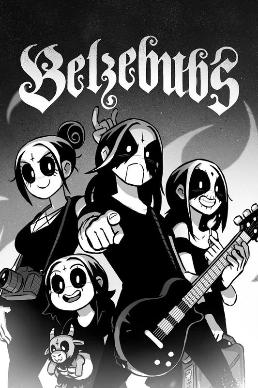Belzebubs black-and-white animated family poster with corpse paint and electric guitar