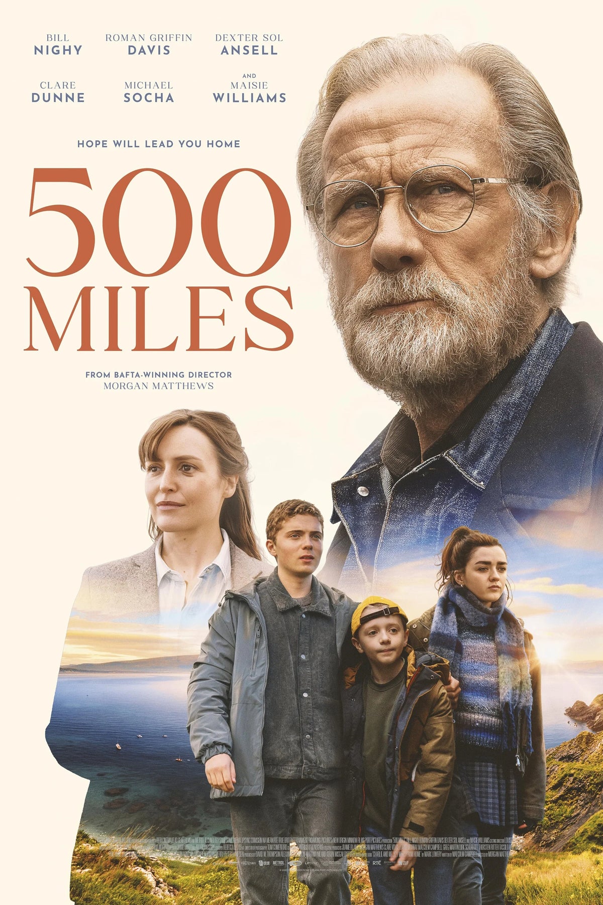 500 Miles poster featuring Bill Nighy above the ensemble cast and an Irish coastal landscape
